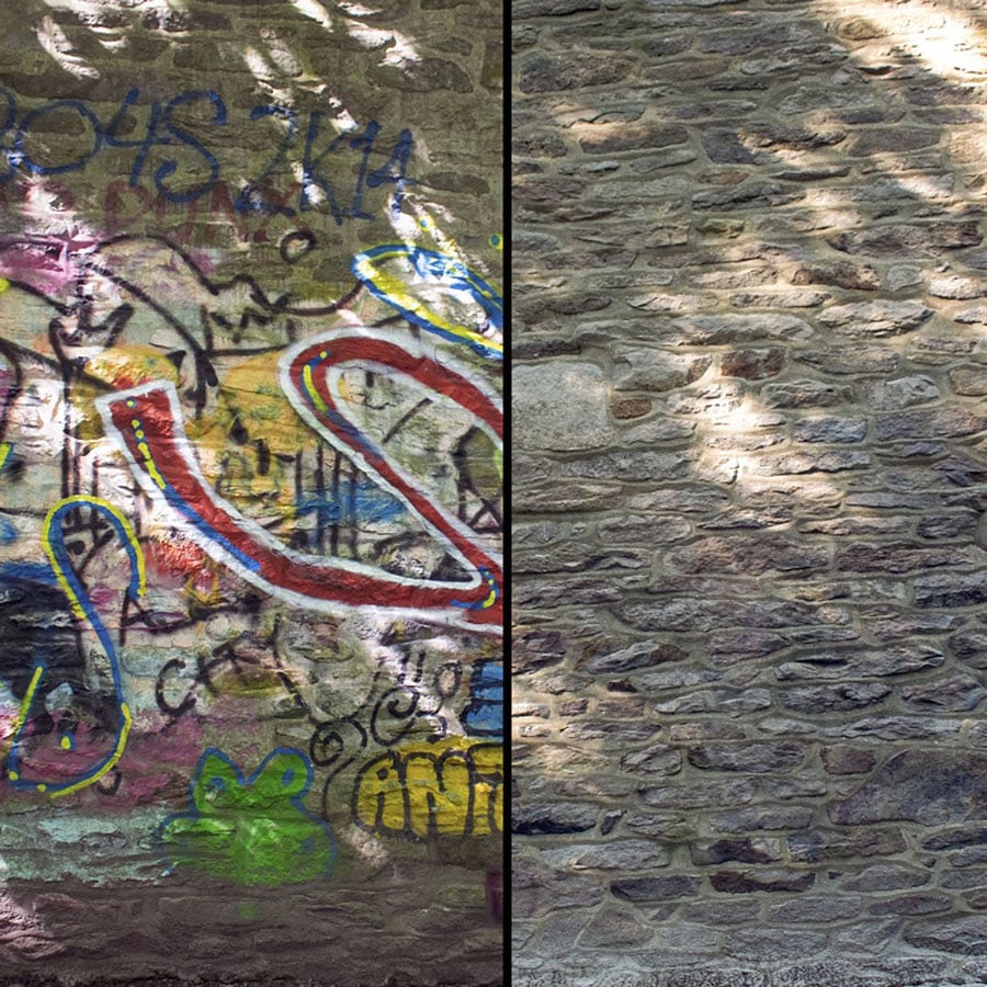 Removal of graffiti via blasting before and after